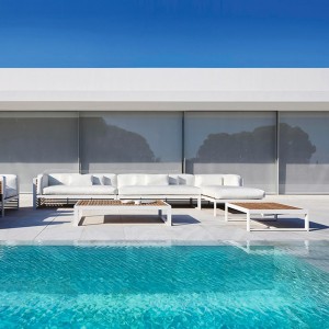 Sofá de diseño modular 1 DNA Teca de Gandia Blasco. Sofás modulares modernos.