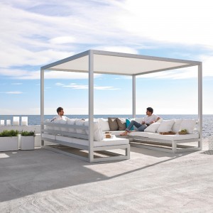 Pérgola Sofá de Gandia Blasco. Sofá de diseño para exterior de aluminio y lonas.