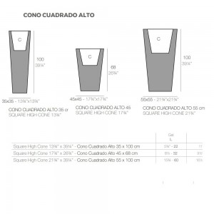 Macetero Light Cono Cuadrado Alto con Iluminación Led y Autorriego