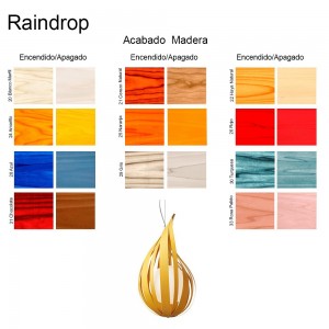Lámpara suspensión Raindrop de Luzifer. Hermosa lámpara en forma de gota de lluvia, realizada con tiras de chapa de madera.