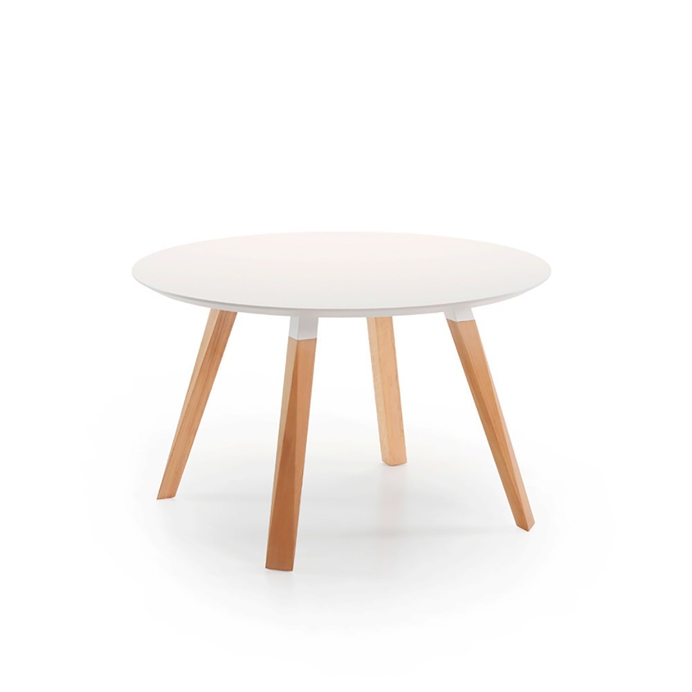Mesa redonda Oblique de Prostoria con tapa de MDF. Mesa diseño de madera.