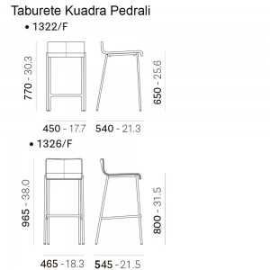 Taburete Kuadra 1322/1326/F de Pedrali. Taburetes de diseño. Taburete tapizado cuero.
