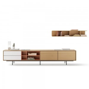 Mueble salón con estante Aura de Treku. Mueble bajo con estantería colgada.
