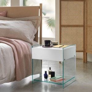 Mesita noche Dino de Fiam. Mesas de noche con cajón de vidrio y madera.