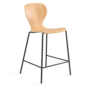 Taburete Ears fijo en base de acero con reposapiés y asiento en madera.