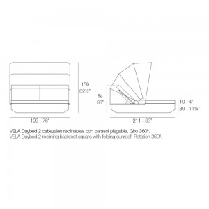 Cama Vela Daybed cuadrada con parasol y 2 cabezales reclinables