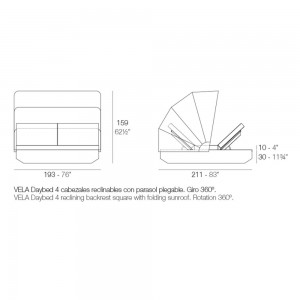 Cama Vela Daybed cuadrada con parasol y 4 cabezales reclinables